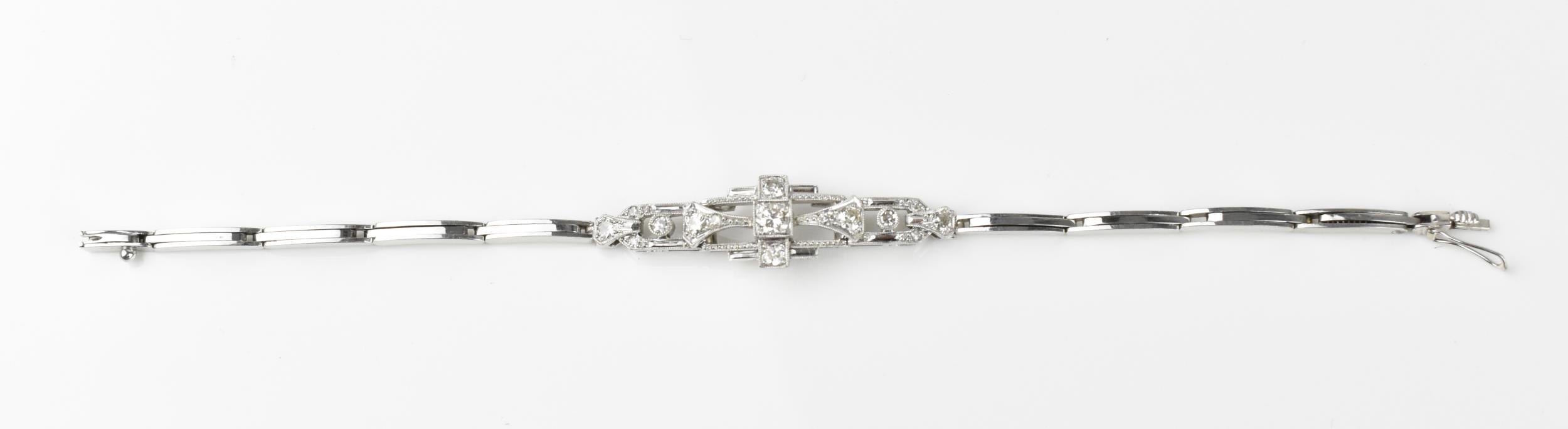 An Art Deco 18ct white gold and diamond bracelet, with stretch bracelet, inset with thirteen central - Image 4 of 11