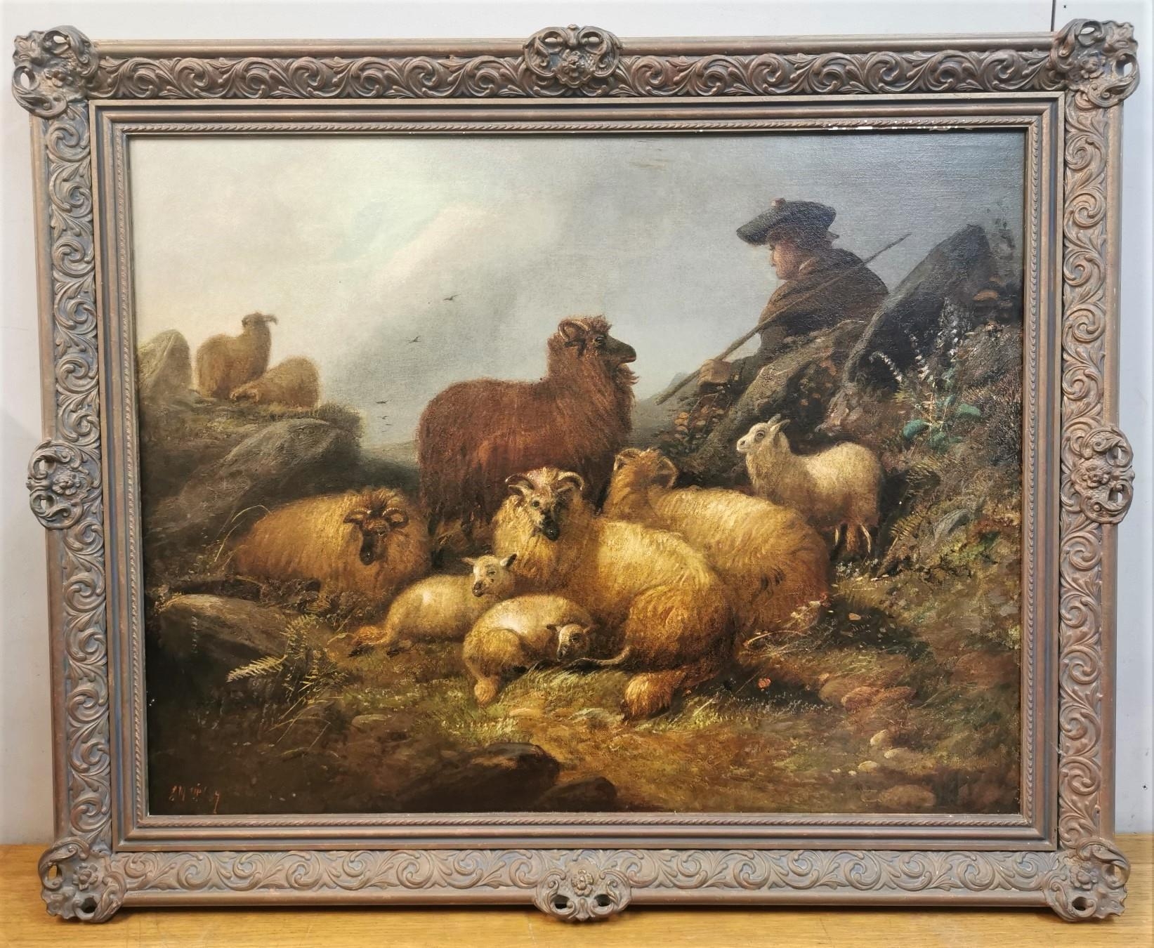 Victorian School, 19th century pastoral scene with a Shepard and his flock, sat in the mountains,