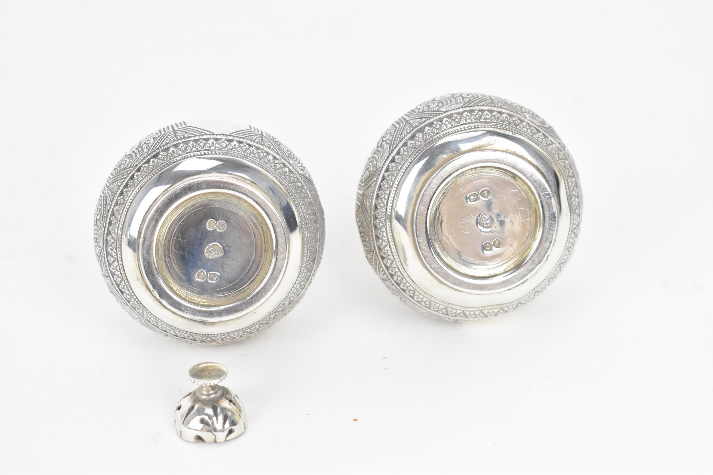 A pair of Victorian silver rosewater sprinklers by George Fox, London 1869, designed with globular - Image 3 of 4