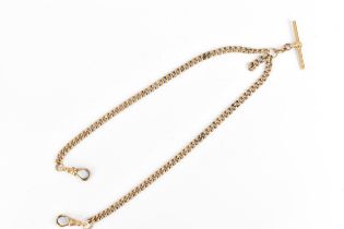 A 9ct gold pocket watch curb link chain having a T-bar and two dog clips, 44cm long, 36 grams