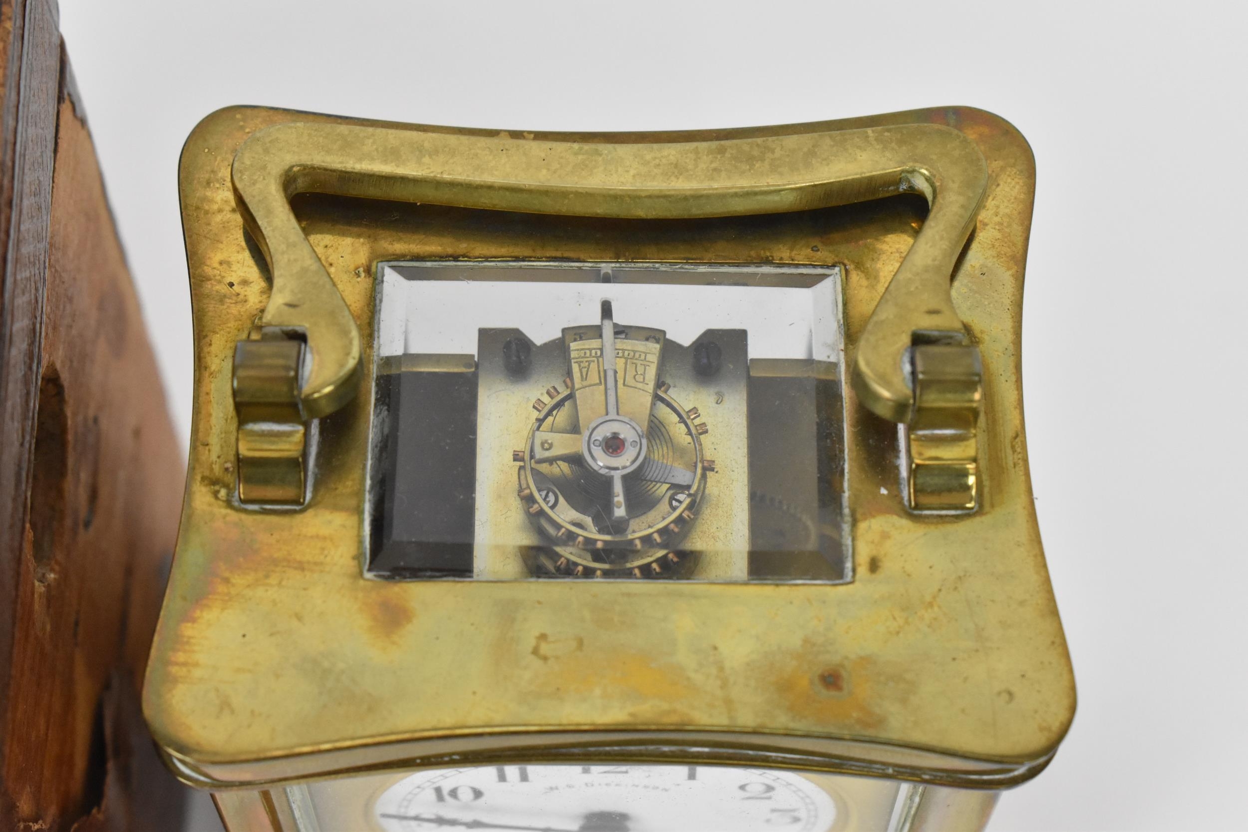 An early 20th century brass cased carriage clock in a fitted travel case having a white enamel - Image 6 of 10