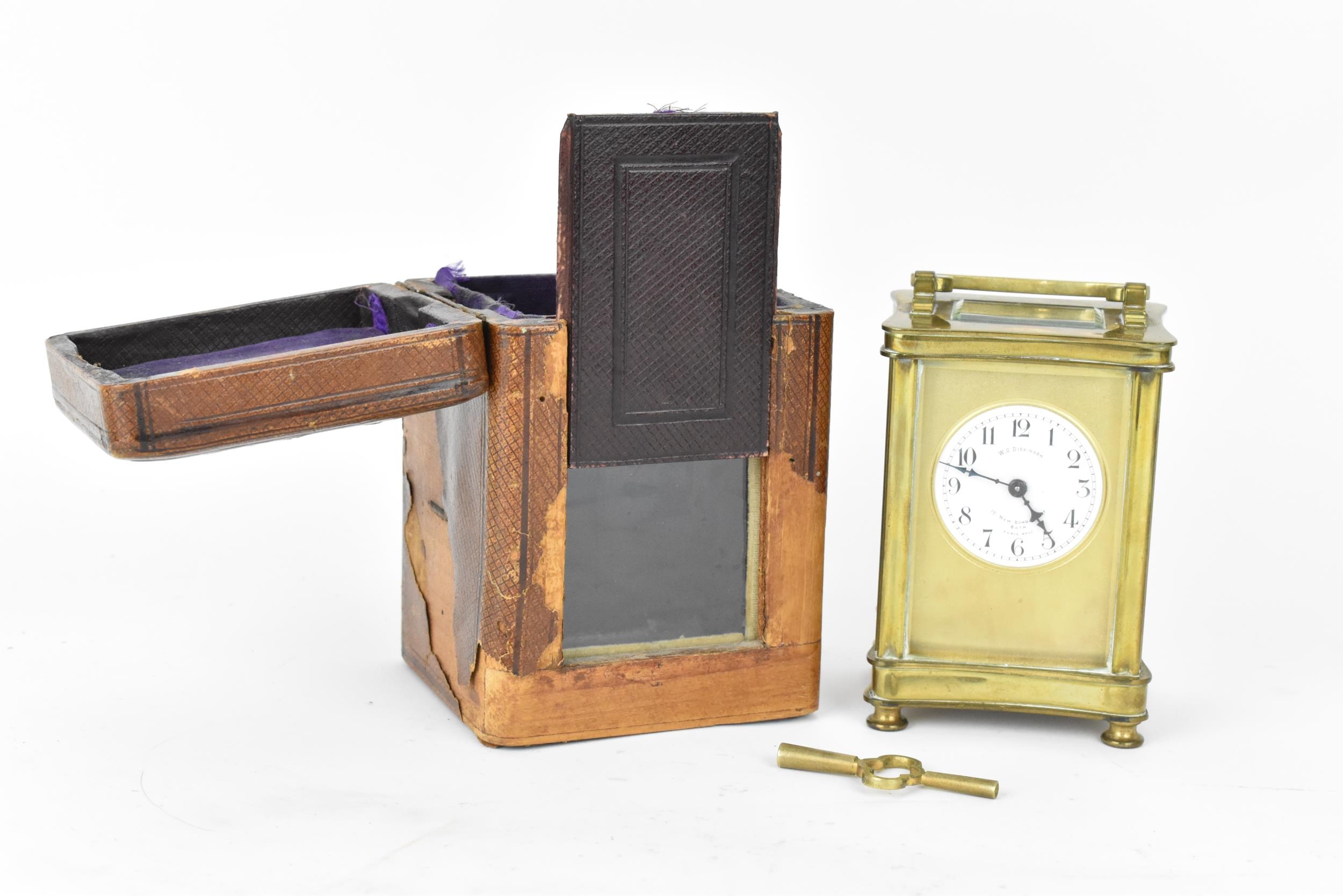 An early 20th century brass cased carriage clock in a fitted travel case having a white enamel - Image 9 of 10