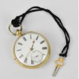 A Victorian 18ct gold open faced pocket watch having a white enamel dial, with gilt hands, Roman