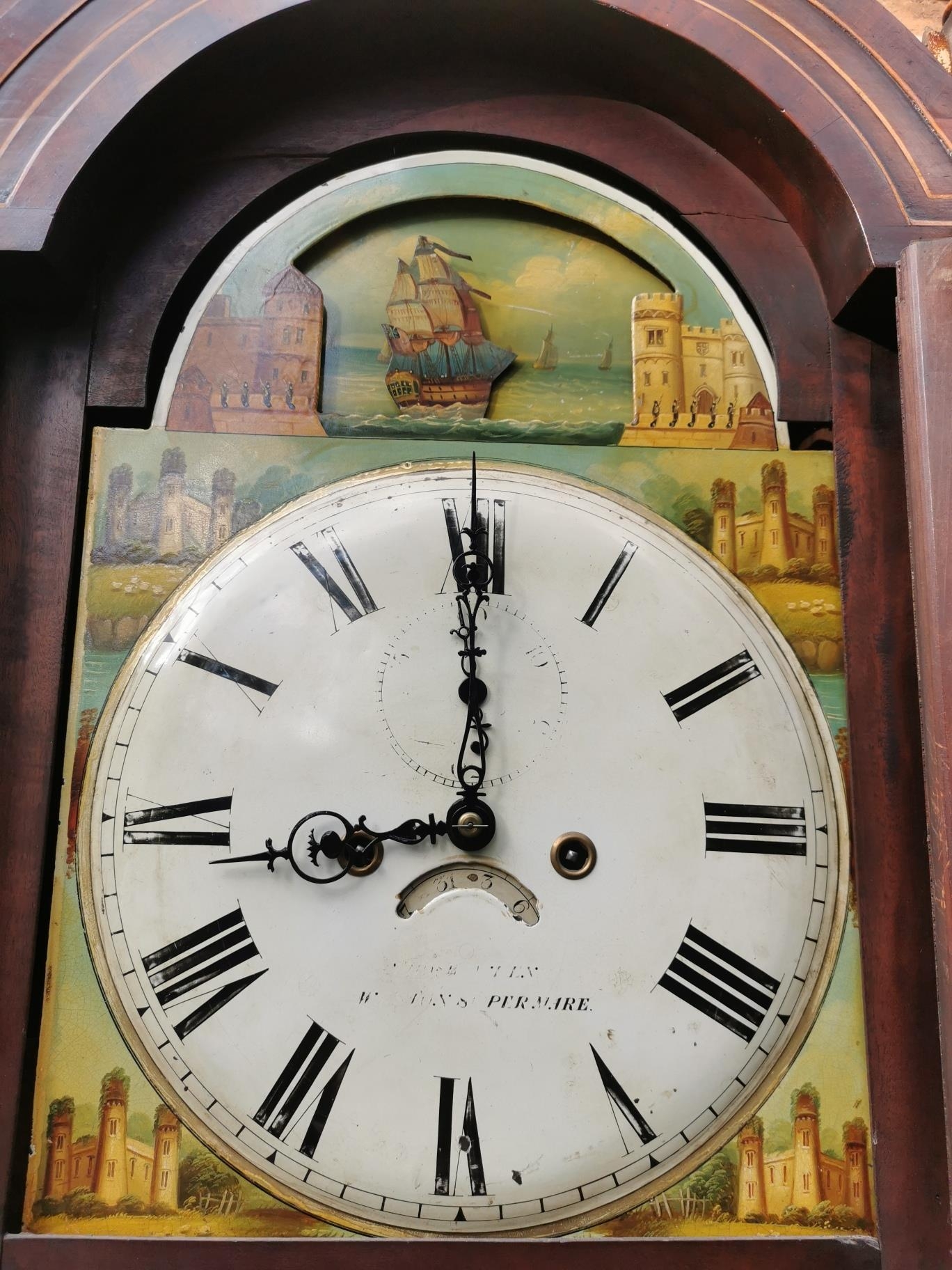 A George III mahogany longcase clock having an arched top with turned finials, twin columns flanking - Image 4 of 10