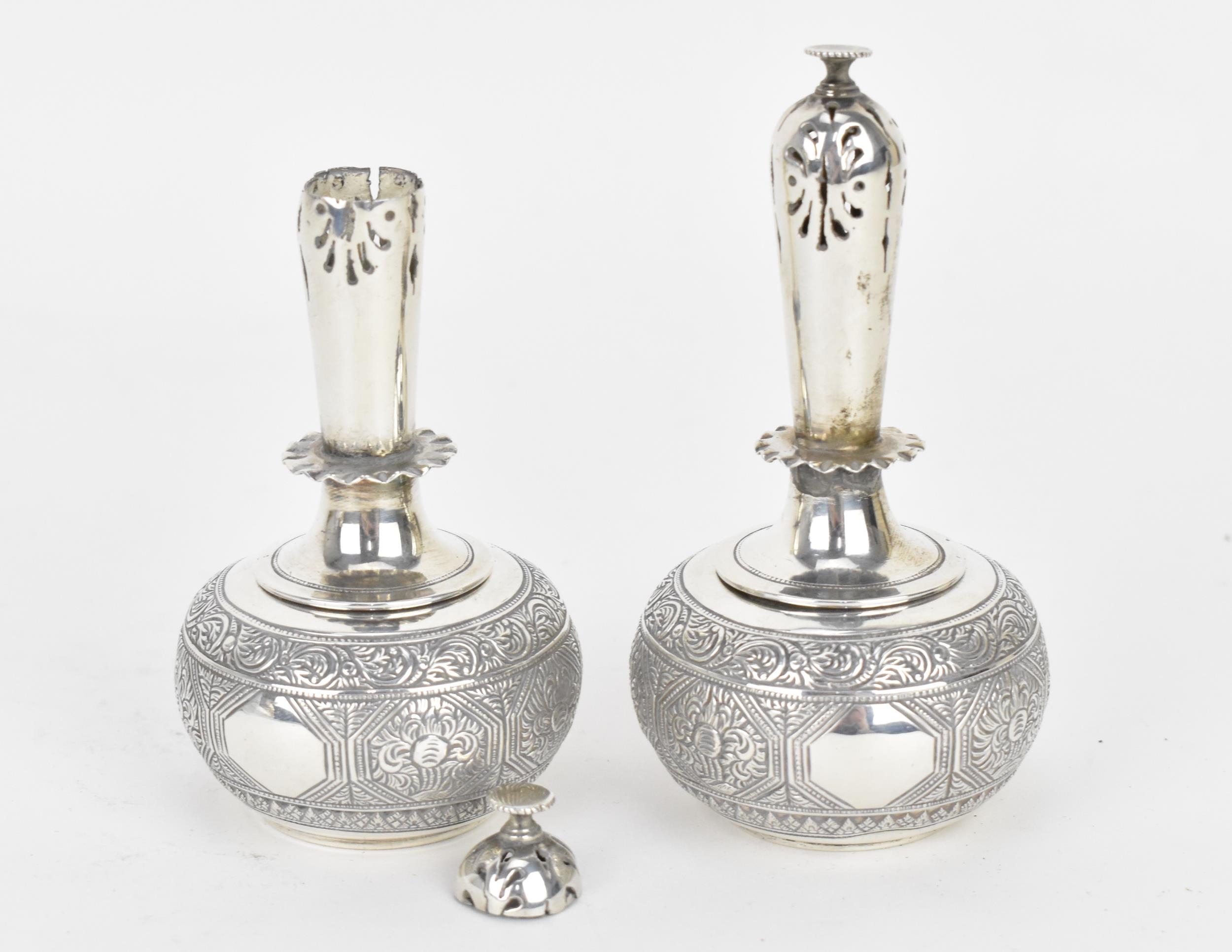 A pair of Victorian silver rosewater sprinklers by George Fox, London 1869, designed with globular - Image 2 of 4