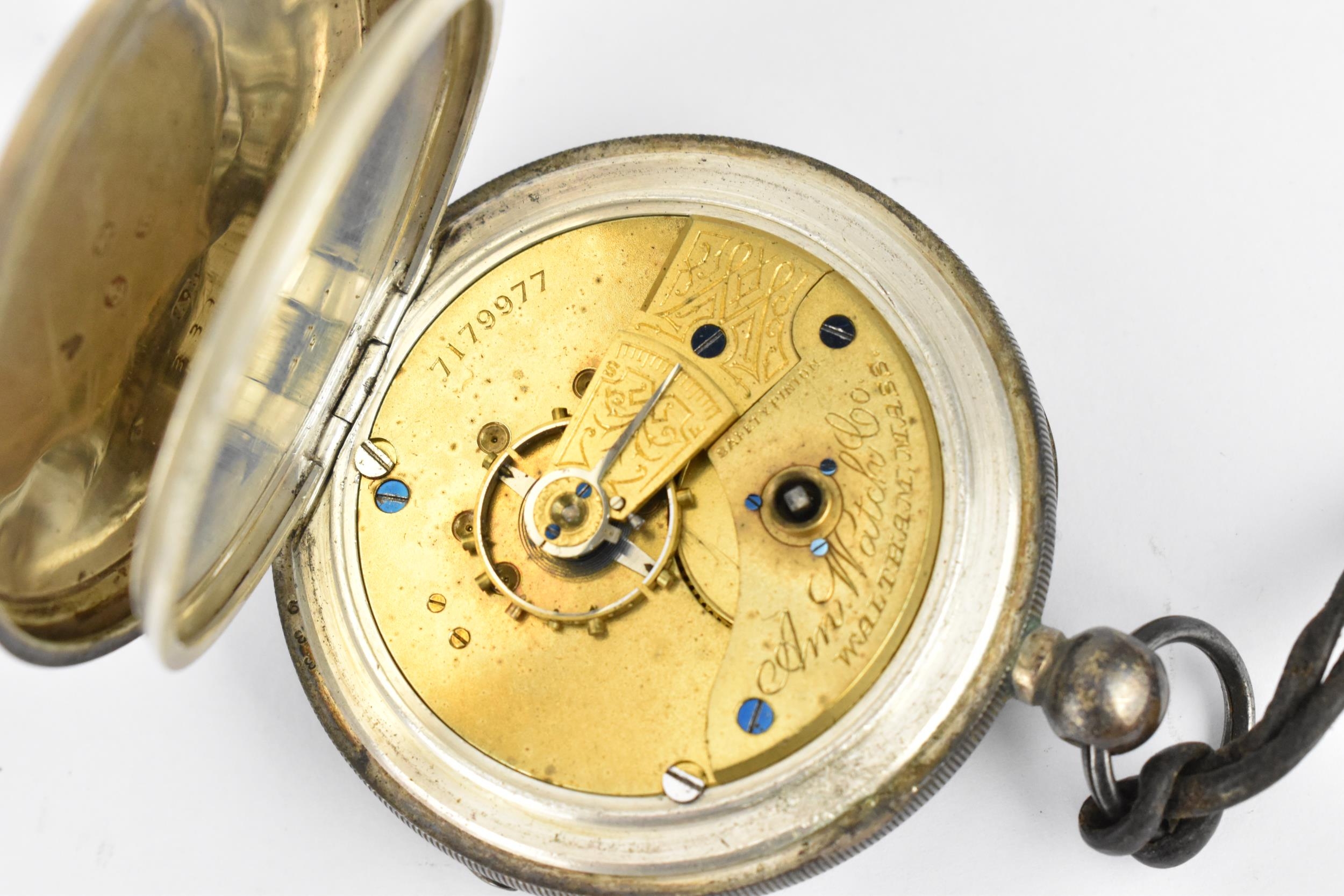 A late 19th century Waltham silver cased open faced pocket watch having a white enamel dial, with - Image 3 of 4