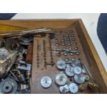 A selection of watchmakers tools to include Lorch Schidt face plate, drill bits, files, Wolf