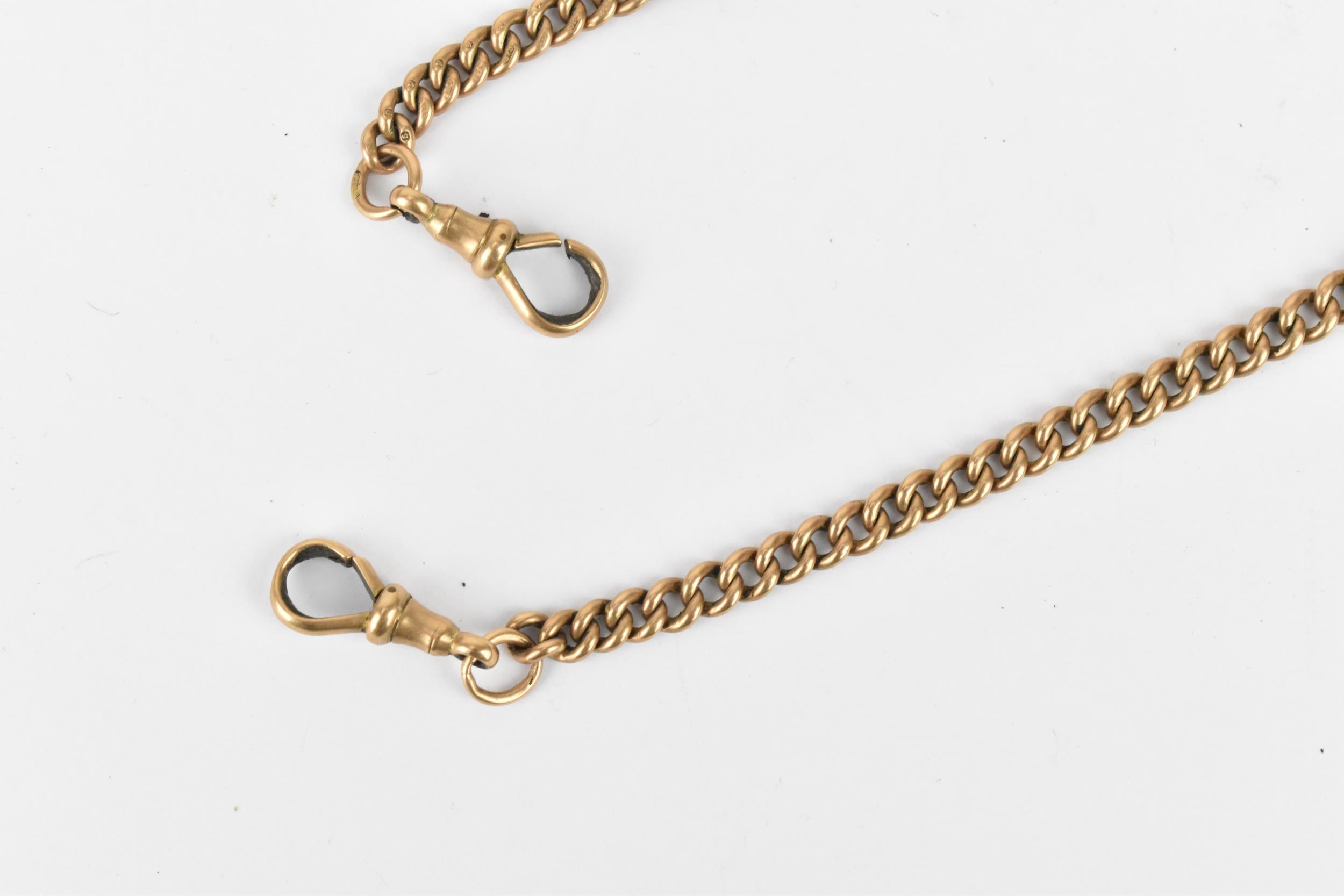 A 9ct gold pocket watch curb link chain having a T-bar and two dog clips, 44cm long, 36 grams - Image 4 of 4