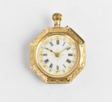A late 19th/early 20th century 14ct gold, open faced fob watch of octagonal form, having a white