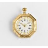 A late 19th/early 20th century 14ct gold, open faced fob watch of octagonal form, having a white