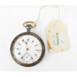 A circa 1900 keyless wind open faced pocket watch having a white enamel dial, baton markers,