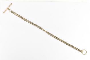 An early 20th century yellow metal pocket watch chain having a T-bar and 'O' ring, 30cm long, 16.8