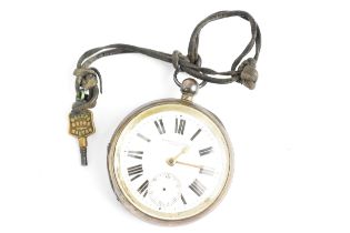 A late 19th century Waltham silver cased open faced pocket watch having a white enamel dial, with