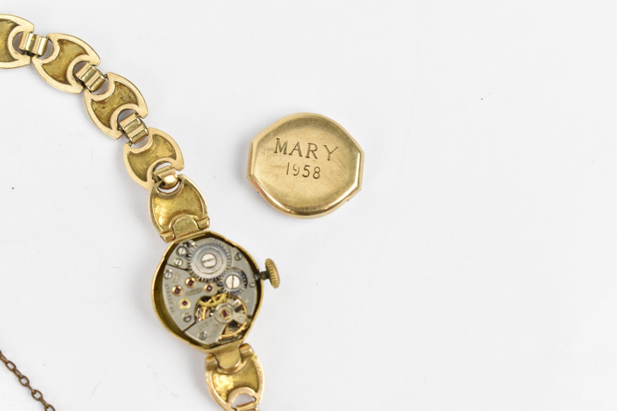 A mid 20th century Roamer manual wind, ladies 9ct gold wristwatch having a silvered dial with Arabic - Image 3 of 3