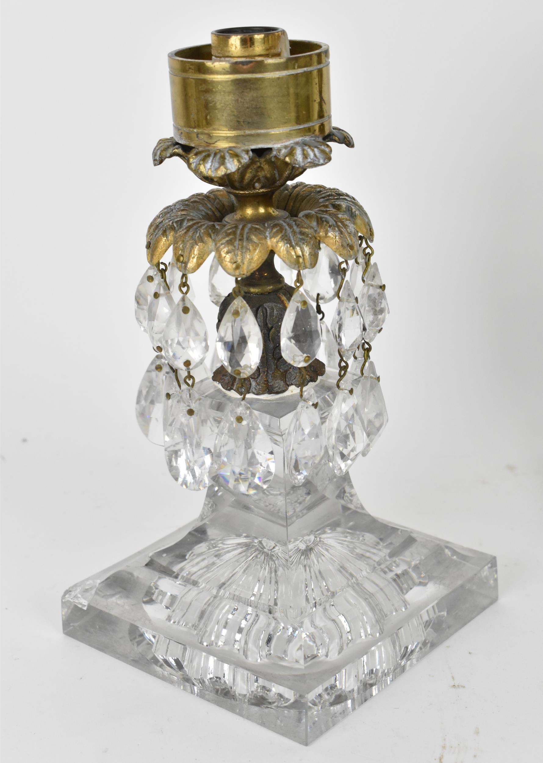 A pair of Regency style candlesticks, the cast palm leaf drip pan with hanging faceted glass pear - Image 3 of 4