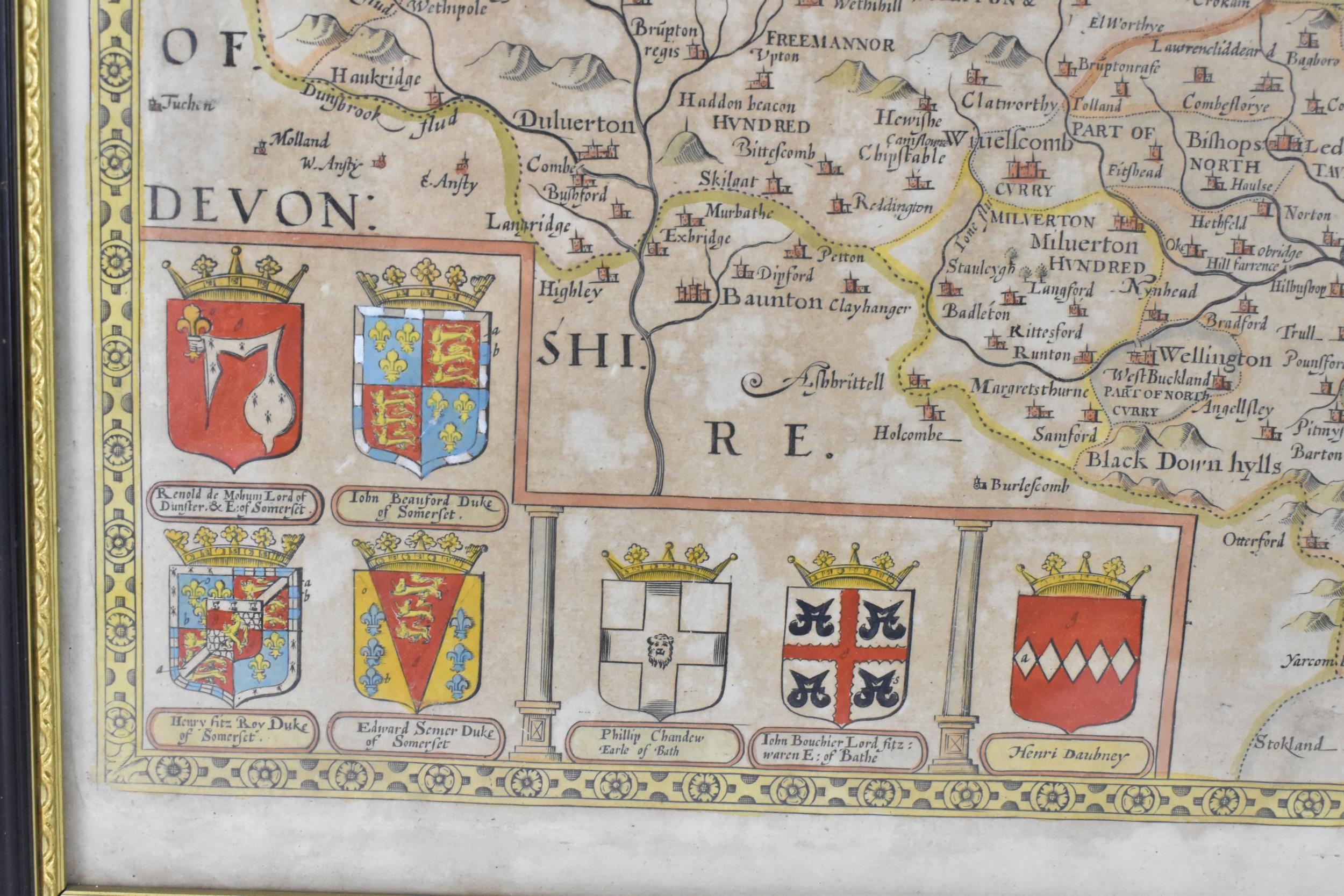 John Speed, Somersetshire, hand coloured engraved map for Sudbury and Humble, dated 1610, 38 x 51 - Image 5 of 7