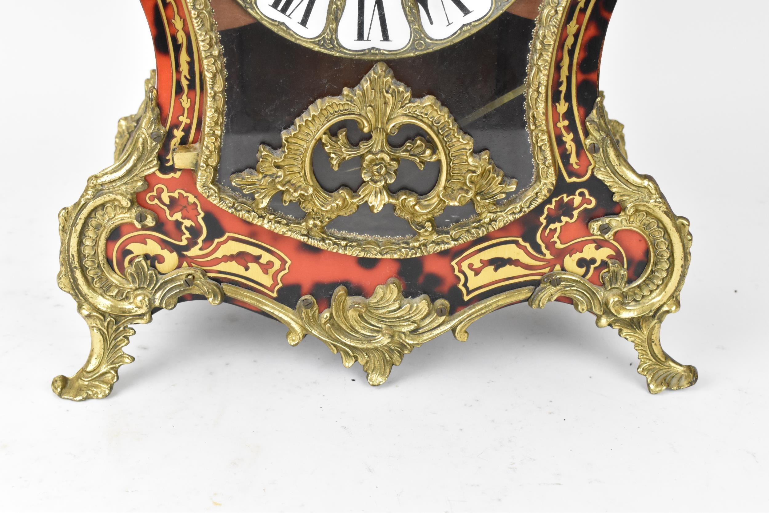 A 20th century French boulle work mantle clock having applied gilt metal C scroll and floral - Image 3 of 10