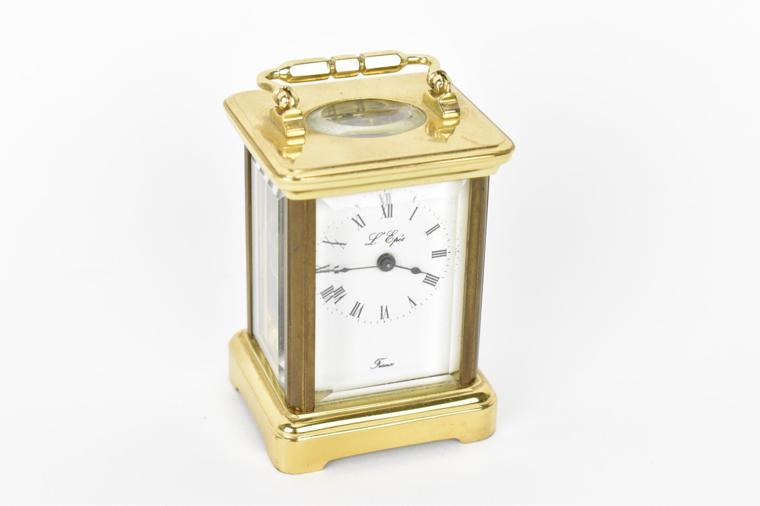 A modern L'Epee brass cased miniature carriage clock, white enamel dial with Roman numerals, the - Image 2 of 9