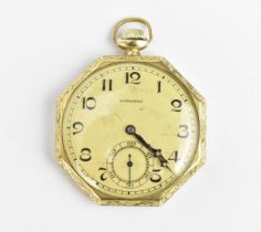 An early 20th century Longines gold plated, open faced pocket watch having a gilt dial with blued