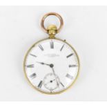 An early 20th century Bennett yellow metal, open faced pocket watch having a white enamel dial A/