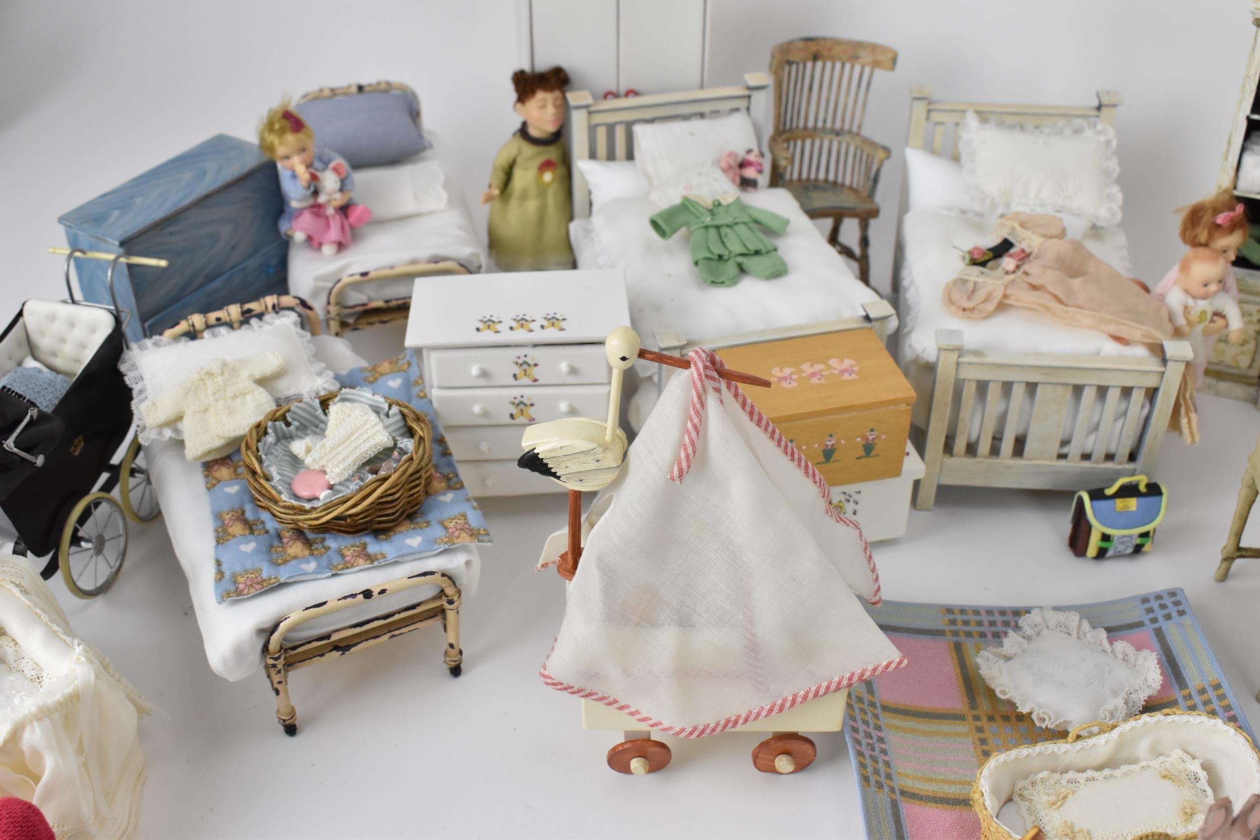 A collection of doll's house furniture and objects, to include dressers, painted bedroom - Image 9 of 18