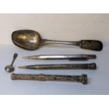 Mixed silver to include an Irish silver spoon, propelling pencil with agate terminal and other items