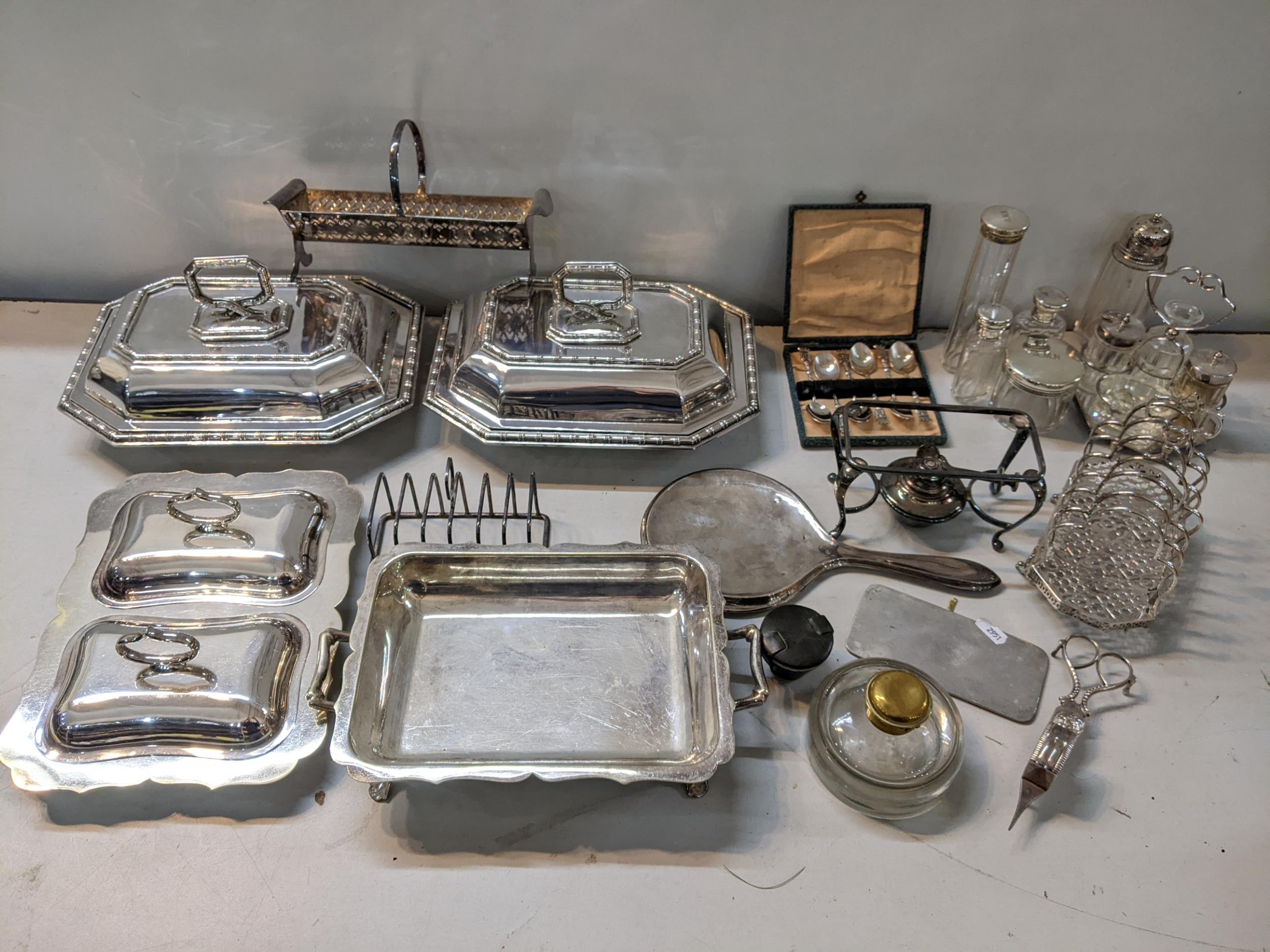 Mixed silver and silver plate to include silver topped dressing table jars and silver mirror, of