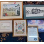 A watercolour of a cricket match, a 2002 commemorative cross-stitch and other pictures to include