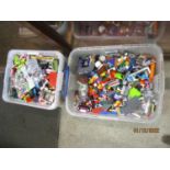 Two boxes of mixed Lego bricks and accessories