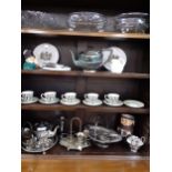 A mixed lot of household items to include silver plated items, Royal Tuscan coffee cans with saucers