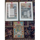Three antiquarian prints consisting of The Achievement of our Sovereign King James, Jodocus