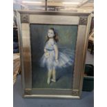 A large oil on canvas painting depicting a young ballerina, unsigned, mounted in an ornate frame,