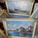 Three large oil on canvas paintings to include a Parisian street scene and two depicting boats,