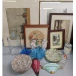 A mixed lot to include framed pictures, glass to include a large bell shaped dome and mixed