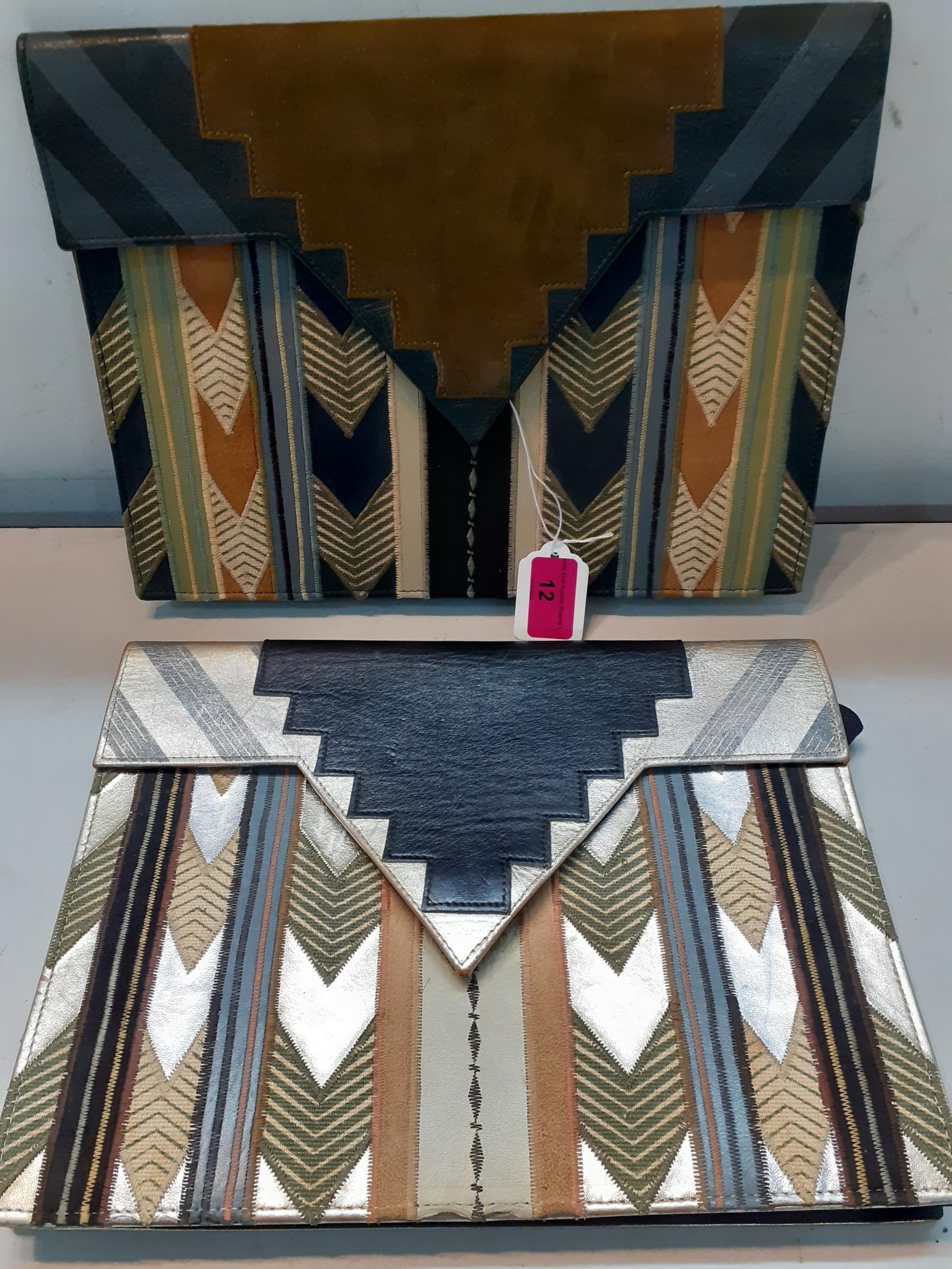 Two Retro limited edition Californian chevron patterned leather oversized clutch bags made in GB for