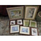 A selection of framed pictures to include three oil paintings depicting soldiers on horseback, an