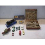 A mixed lot of vintage toys to include Hornby Dublo EDL27 0-6-21, Schucco patent Mirakomo Form