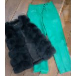 A pair of Retro 1980's C&A green leather trousers with studded military style front, UK size 14