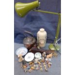 A vintage green anglepoise lamp with a Doulton stoneware hot water foot warmer, a Victorian copper
