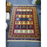 A small Chinese rug with floral design, tasselled ends, 158 x 69cm, a small Chinese mat decorated