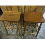 Two vintage chemists lab school stools and a painted wooden plant stand