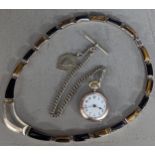 An 800 silver cased fob watch on a metal chain, along with a white metal necklace inset with semi