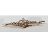 A 1920's 15ct gold, pearl and diamond bar brooch, total weight 6.3g. Location:Cab