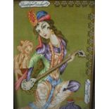 A large Indian woollen rug picture of a lady playing a musical instrument, in a silver and gold