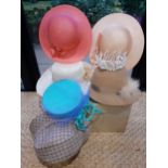 A group of vintage ladies hats to include a tan felt hat with feather detail together with a vintage