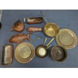 Mixed metalware to include a Swiss brass and iron saucepan, copper moulds, trays and other items,