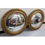 Three vintage gilt painted circular wall hanging mirrors with ornate, pierced scrolled frames