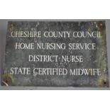 An Early 20th Century Metal Plaque Inscribed 'Cheshire County Council, Home Nursing Service,