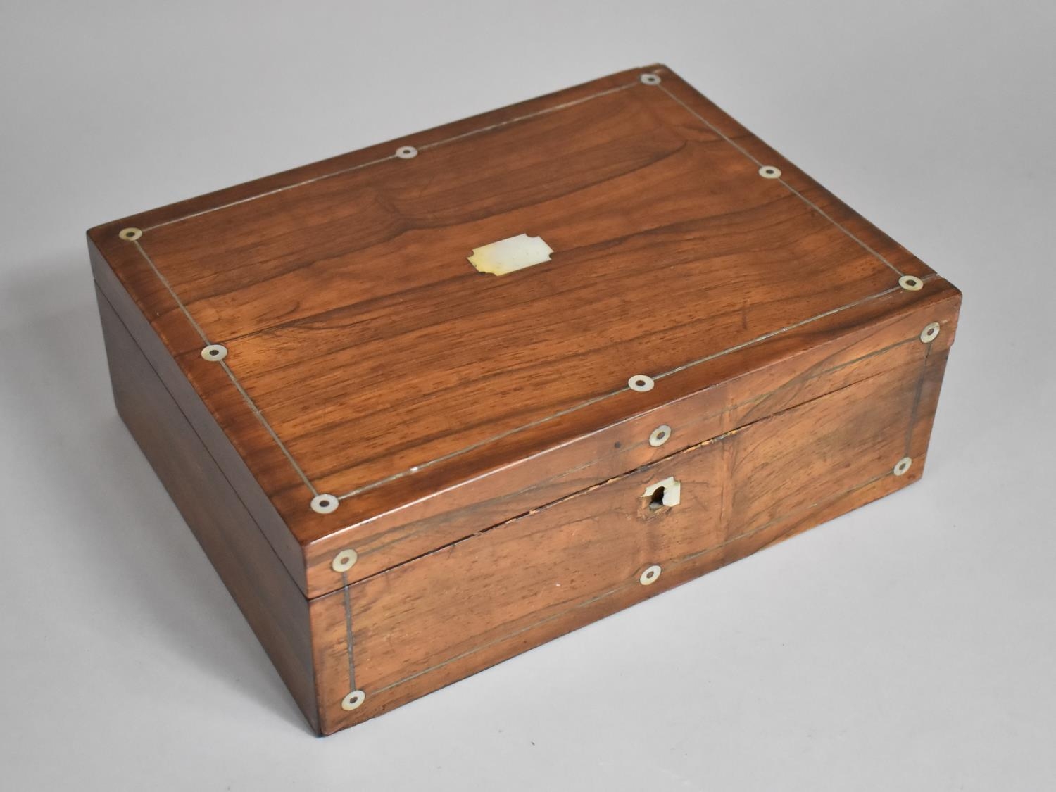 A Late 19th Century Mahogany Work Box with Mother of Pearl Inlay and Escutcheons, 30x22.5x10.5cms