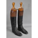 A Pair of Vintage Gentlemen's Riding Boots complete with Wooden Trees, Black Leather having Brown